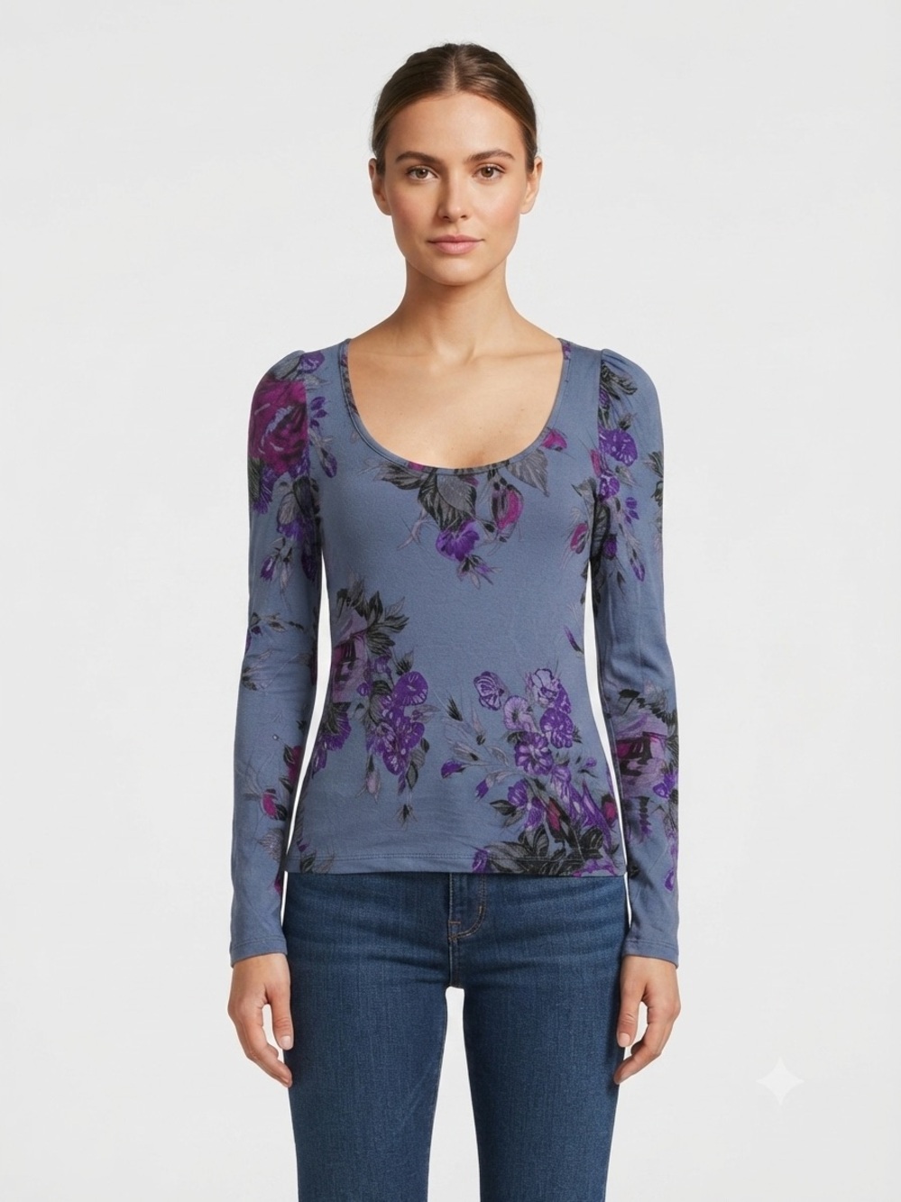 Kirra Slate Blue Long Sleeve Scoop Neck Tee with Purple Floral Print